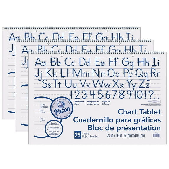 Pacon Chart Tablet, Manuscript Cover, 1-1/2" Ruled, 24" x 16", 25 Sheets, Pack of 3
