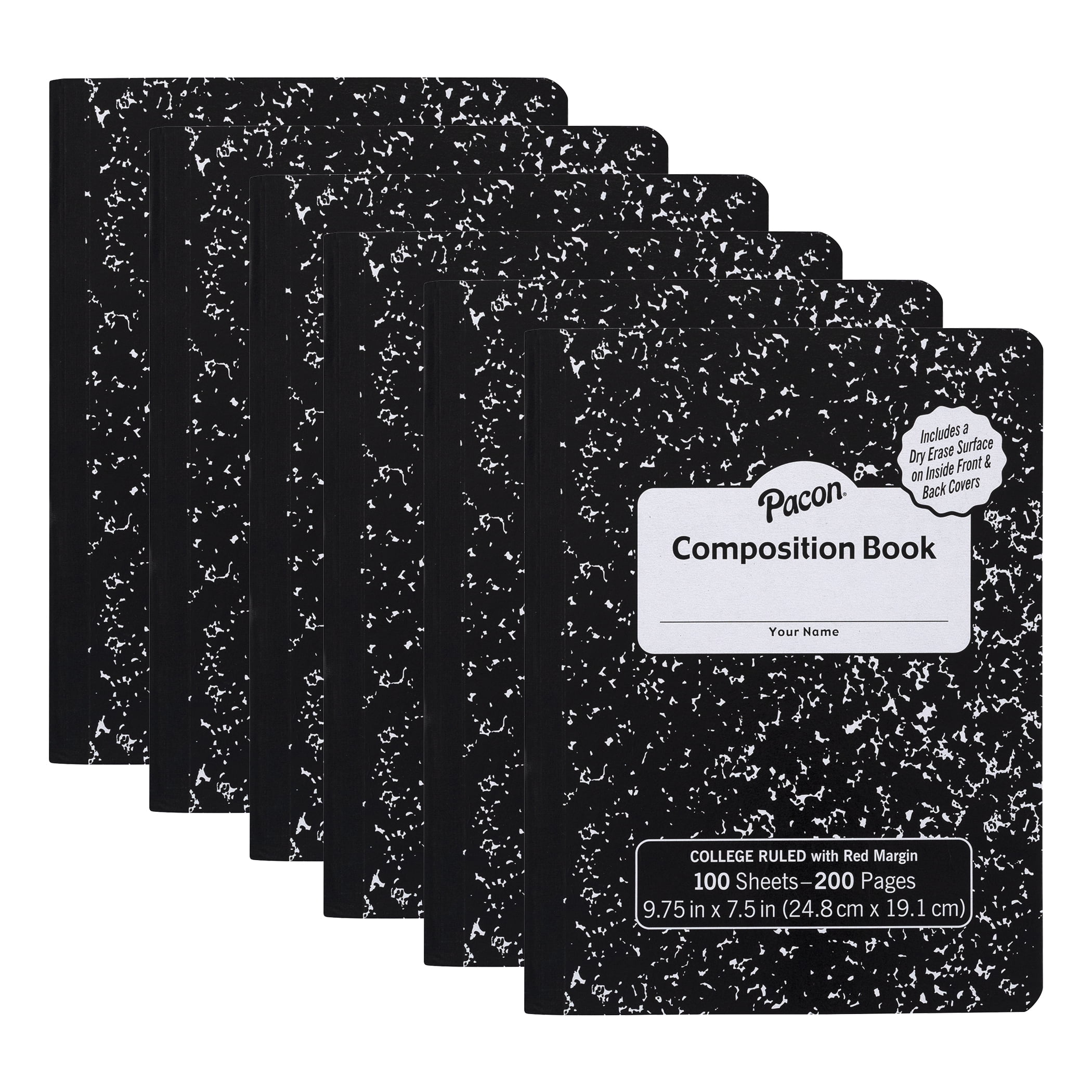 Pacon Composition Book, Black Marble, 9/32 in ruling with red margin 9-3/4" x 7-1/2", 100 Sheets, Pack of 6