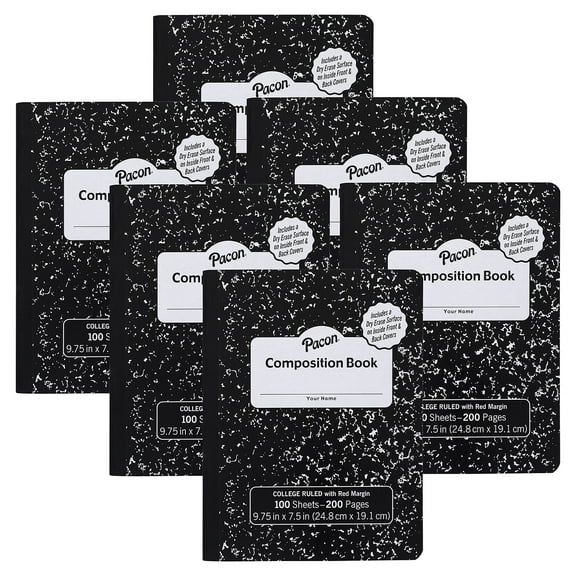 Pacon Composition Books with Dry Erase Surfaces, Wide Ruled, Black Marble, 200 Pages, Pack of 6