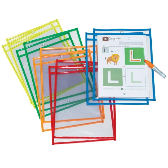 Pacon Dry Erase Pockets, 5 Assorted Bright Colors, 10" x 13-1/2", 10 Pockets