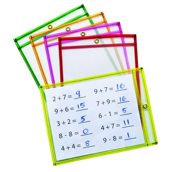 Pacon Dry Erase Pockets, 5 Assorted Neon Colors, 9" x 12", 10 Pockets