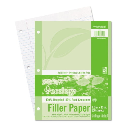 Ecology Filler Paper, 3-Hole, 8.5 x 11, Medium/College Rule, 150/Pack Ecology Filler Paper, 3-Hole, 8.5 x 11, Medium/College Rule, 150/Pack