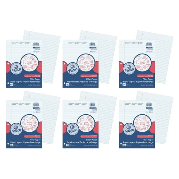 Pacon Filler Paper, White, 3-Hole Punched, Red Margin, 3/8" Ruled, 8" x 10-1/2", 150 Sheets Per Pack, 6 Packs