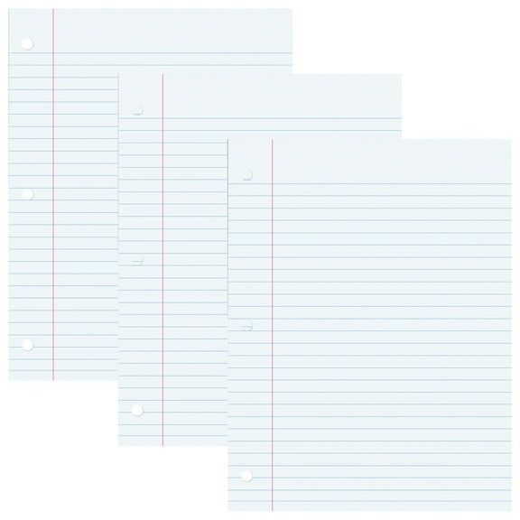 Pacon Filler Paper, White, 3-Hole Punched, Red Margin, 3/8" Ruled, 8" x 10.5", 200 Sheets Per Pack, 3 Packs