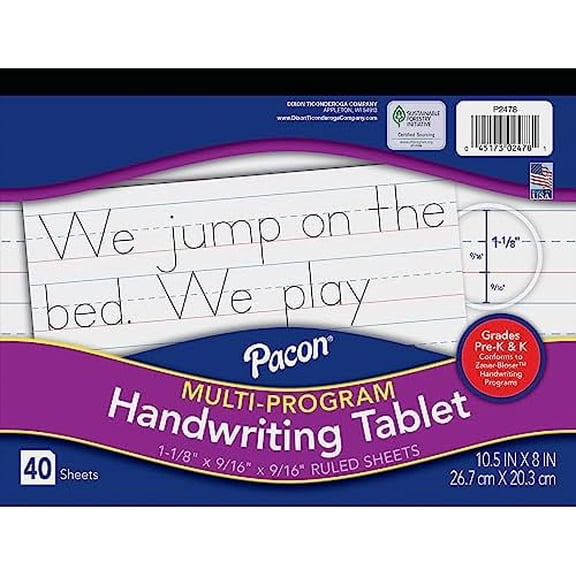 Pacon Handwriting Paper, Zaner-Bloser Grades Pre-K & K, 1-1/8" x 9/16" x 9/16" Ruled 10-1/2" x 8", Ruled Long, 40 Sheets