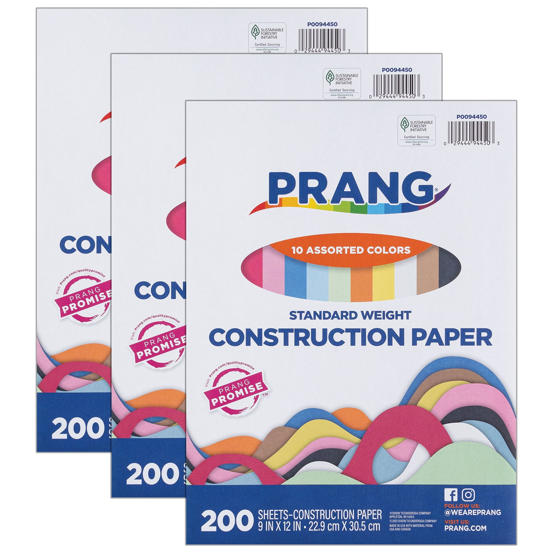 Prang Construction Paper, Standard Weight, 10 Assorted Colors, 9" x 12", 200 Sheets Per Pack, 3 Packs