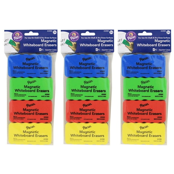 Pacon Magnetic Chalk & Whiteboard Eraser, 4 Assorted Colors, 2.25" x 4.25", 4 Erasers Per Pack, 3 Packs