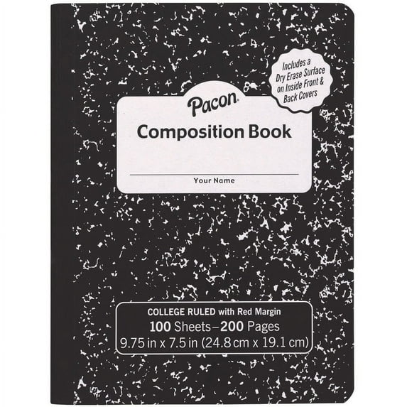 Pacon Marble Hard Cover Wide Rule Composition Book - 1 Subject(s) - 100 Sheets - 200 Pages - Wide Ruled Red Margin - 9.75" x 7.5" x 0.4" - Black Cover Marble - Recyclable, Hard Cover, Dry Erase Surfac