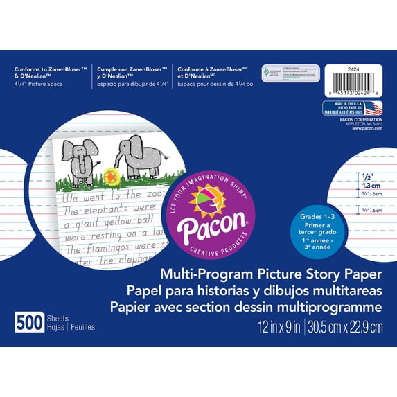 Pacon Multi-Program Handwriting Paper, D'Nealian Grades 1-3 / Zaner-Bloser Grade 2, 1/2 in x 1/4 in x 1/4 in Ruled, 4-1/4 Picture Story Space, 12" x 9" Ruled Long, 500 Sheets
