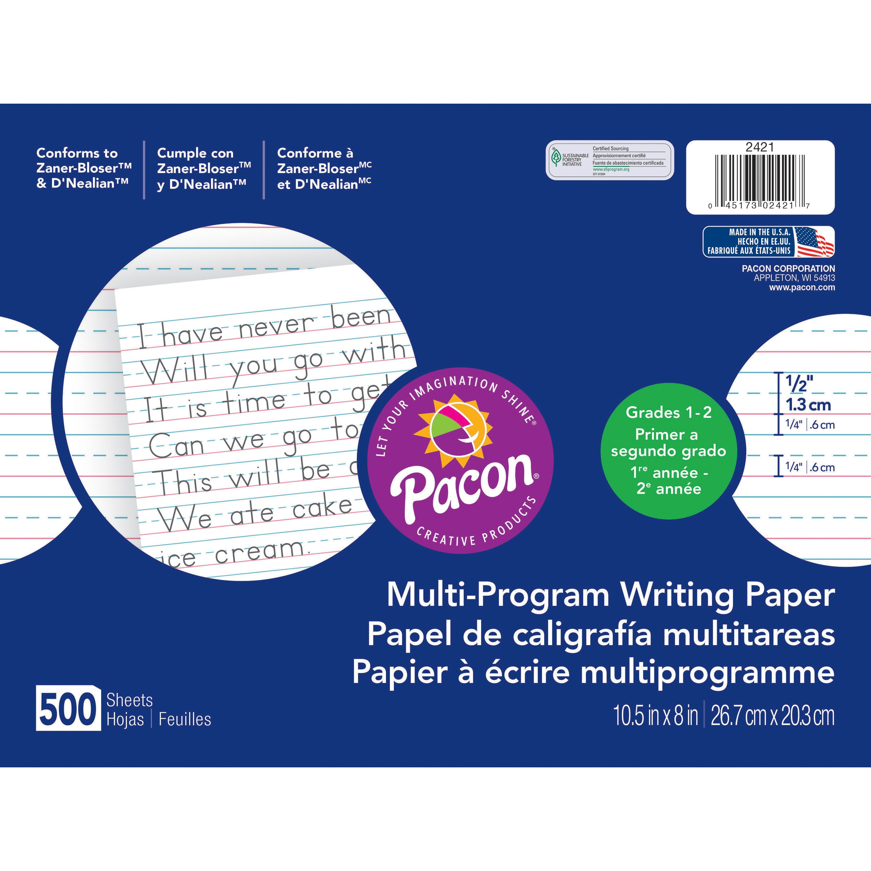 Pacon Multi-Program Handwriting Paper, Grades 1/2, 1/2" Rule, White, 500 Sheets/Ream
