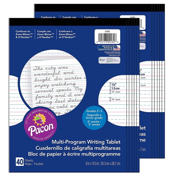 Pacon Multi-Program Handwriting Tablet, D'Nealian/Zaner-Bloser, 40 Sheets, Pack of 12