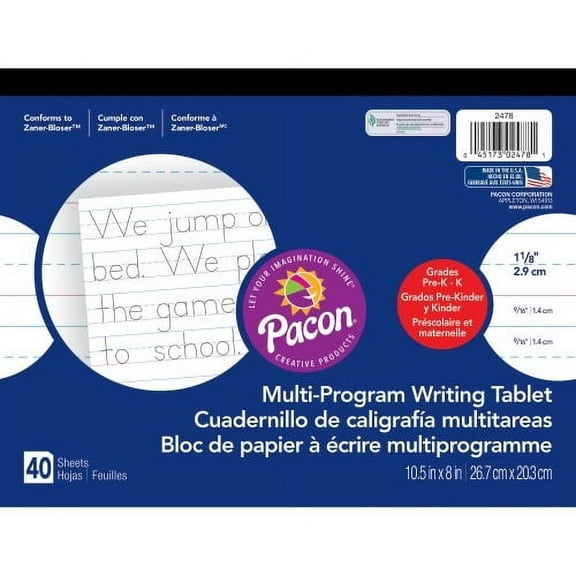 Pacon Multi-Program Handwriting Tablet, Zaner-Bloser, 1-1/8" x 9/16" x 9/16" Ruled Long, 10-1/2" x 8", 40 Sheets, Pack of 12
