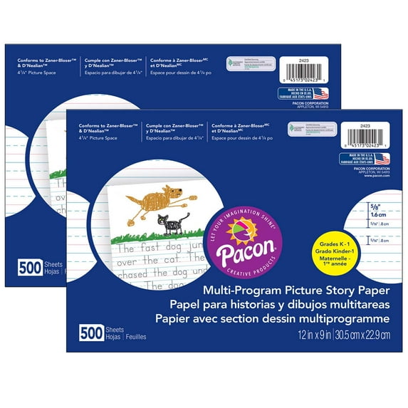 Pacon Multi-Program Picture Story Paper, 5/8" Ruled, White, 12" x 9", 500 Sheets Per Pack, 2 Packs