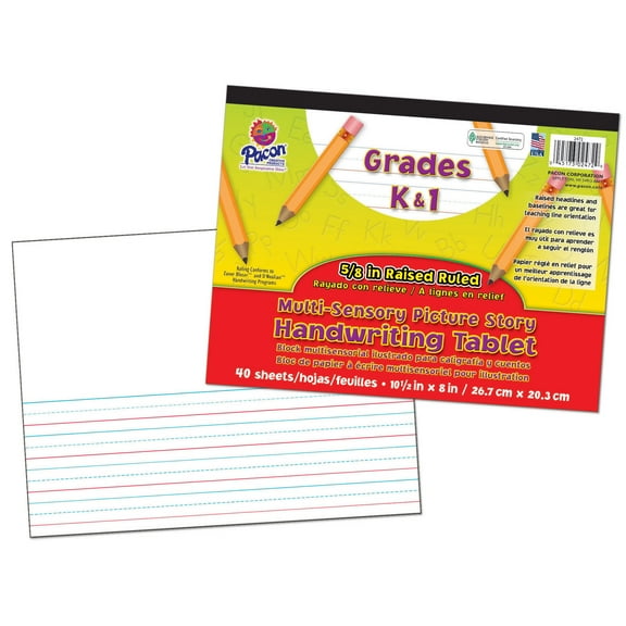 Pacon Multi-Sensory Raised Ruled Tablet, Tape Bound, 5/8" x 5/16" x 5/16" Picture Story Ruled Long, 10-1/2" x 8", 40 Sheets
