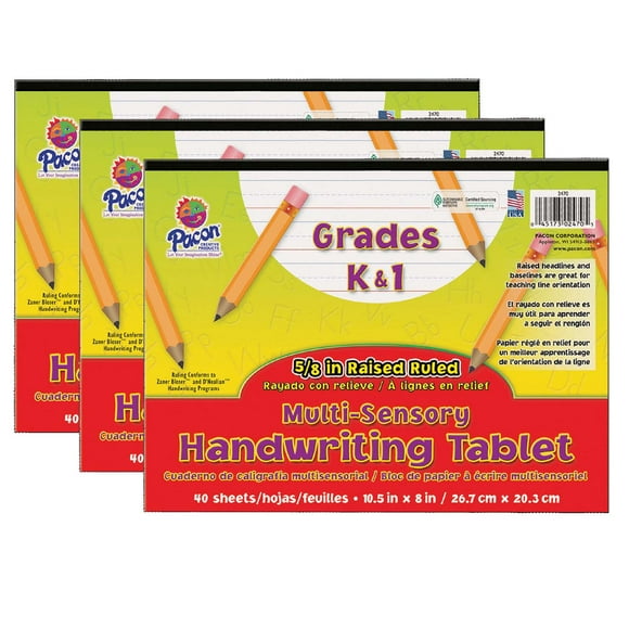 Pacon Multi-Sensory Raised Ruled Tablet, Tape Bound, 5/8" x 5/16" x 5/16" Ruled Long, 10-1/2" x 8", 40 Sheets, Pack of 3