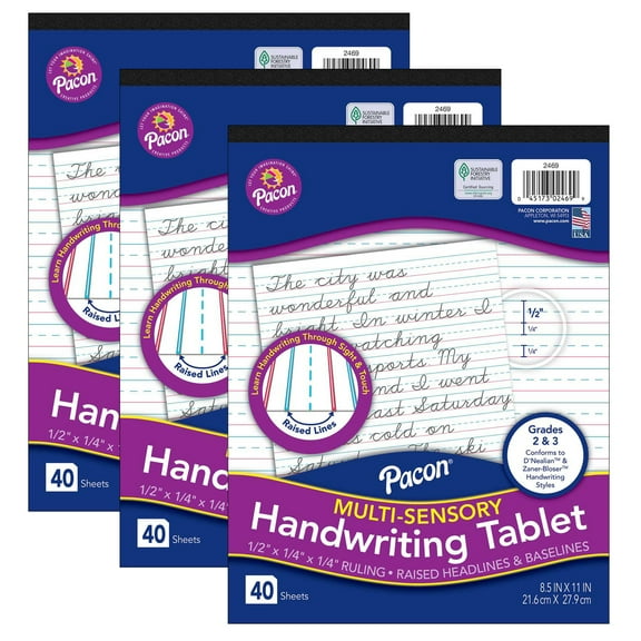 Pacon Multi-Sensory Raised Ruled Tablet, Tape-Bound Tablet, 1/2" x 1/4" x 1/4" Ruled Short, 8-1/2" x 11", 40 Sheets, Pack of 3