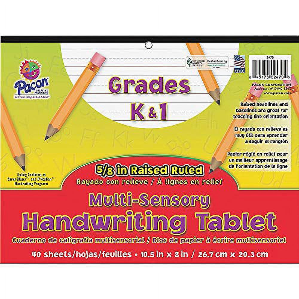 Pacon Multi-Sensory Raised Ruled Tablet, White, 5/8" x 5/16" x 5/16" Ruled 10-1/2" x 8", Ruled Long, 40 Sheets - image 1 of 2