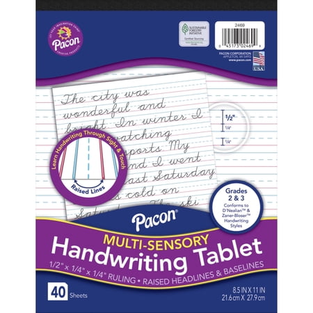 Pacon Multi-Sensory Raised Ruled Tablet, Tape-Bound Tablet, 1/2" x 1/4" x 1/4" Ruled Short, 8-1/2" x 11", 40 Sheets