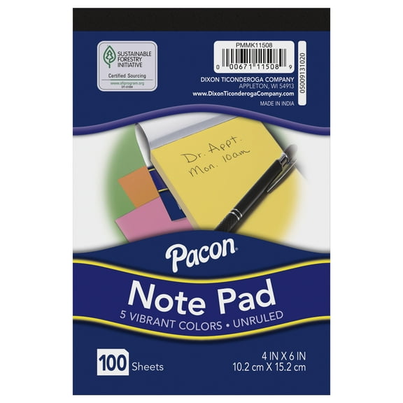 Note Pad, 5 Vibrant Assorted Colors, 4" x 6", 100 Sheets