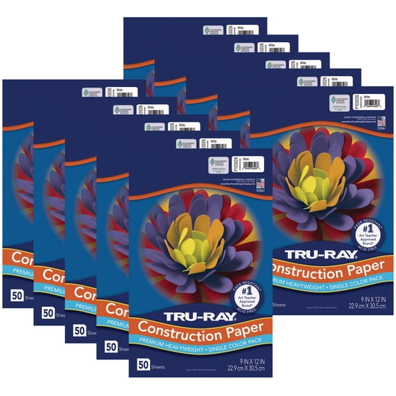 Tru-Ray Construction Paper, Heavyweight, White, 9" x 12", 50 Sheets Per Pack, 10 Packs