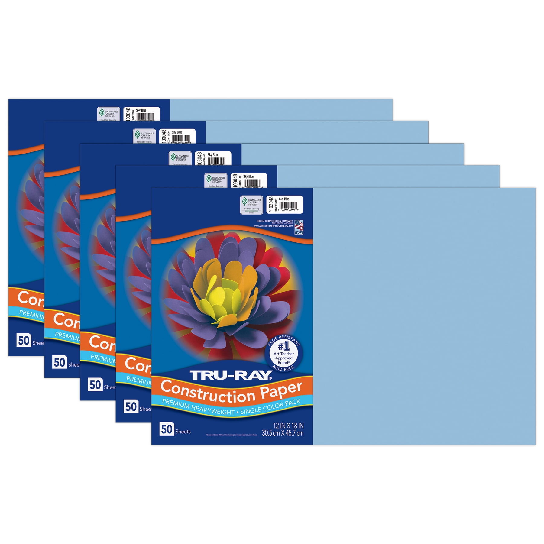 Tru-Ray Construction Paper, Heavyweight, Sky Blue, 12" x 18", 50 Sheets Per Pack, 5 Packs