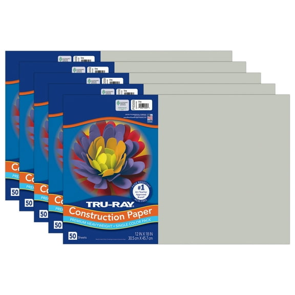 Tru-Ray Construction Paper, Heavyweight, Gray, 12" x 18", 50 Sheets Per Pack, 5 Packs