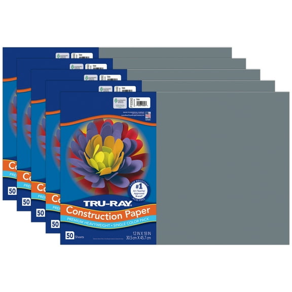 Tru-Ray Construction Paper, Heavyweight, Slate, 12" x 18", 50 Sheets Per Pack, 5 Packs