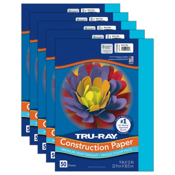 Tru-Ray Construction Paper, Heavyweight, Atomic Blue, 9" x 12", 50 Sheets Per Pack, 5 Packs