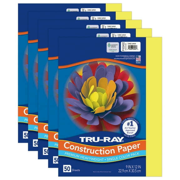 Tru-Ray Construction Paper, Heavyweight, Lively Lemon, 9" x 12", 50 Sheets Per Pack, 5 Packs