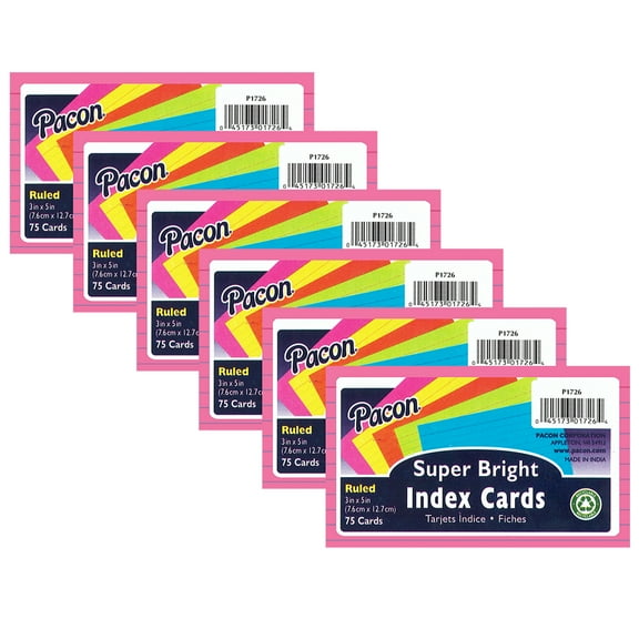 Pacon PAC1726-6 Super Bright Index Cards Ruled - 3 x 5 in. - Pack of 6