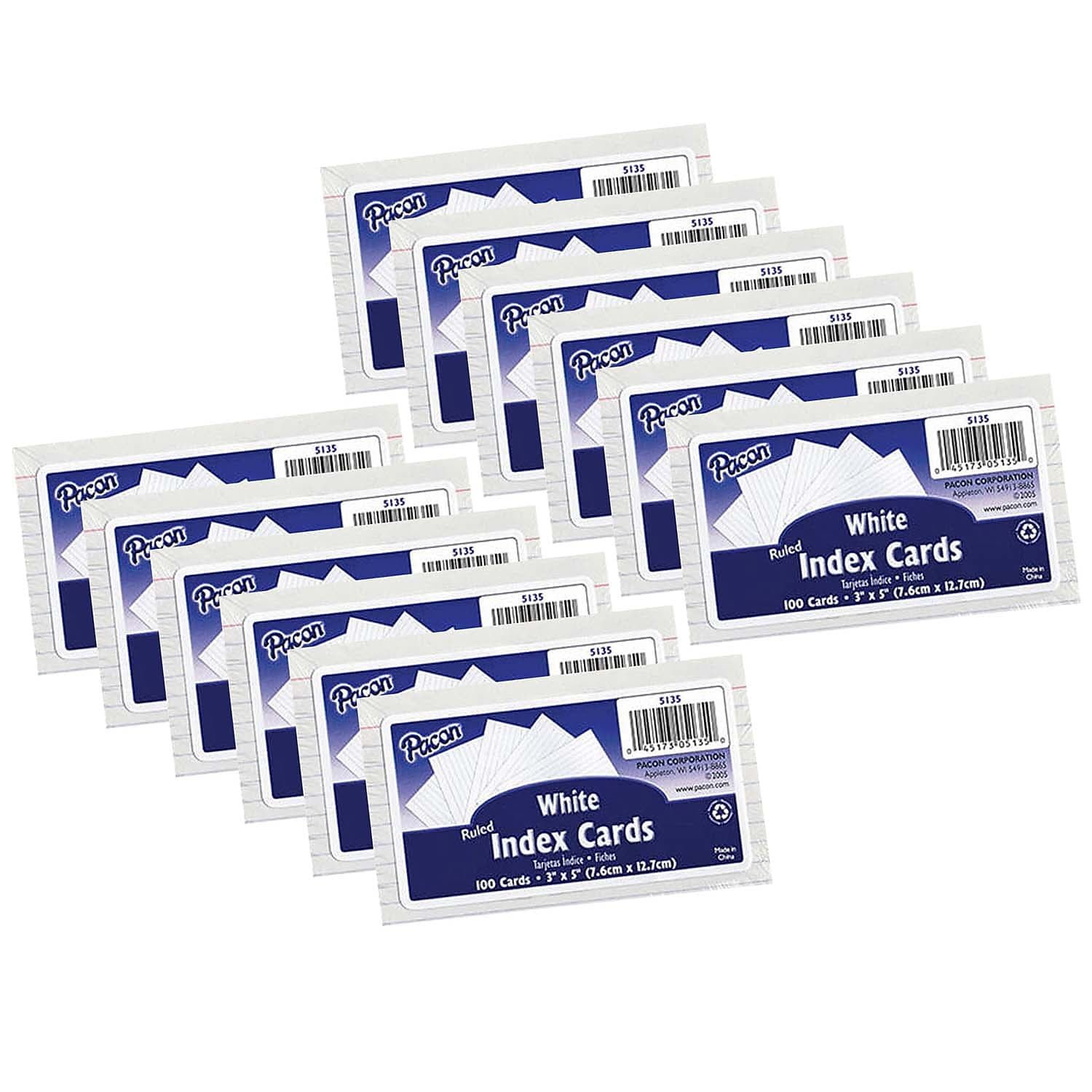 Pacon PAC5135-12 3 x 5 in. White Ruled Index Cards - 100 Per Pack - Pack of 12