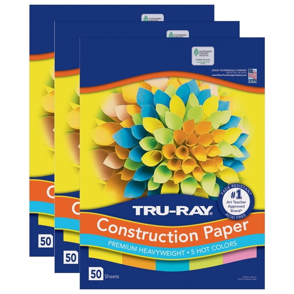 Tru-Ray Construction Paper, Heavyweight, 5 Assorted Hot Colors, 12" x 18", 50 Sheets Per Pack, 3 Packs