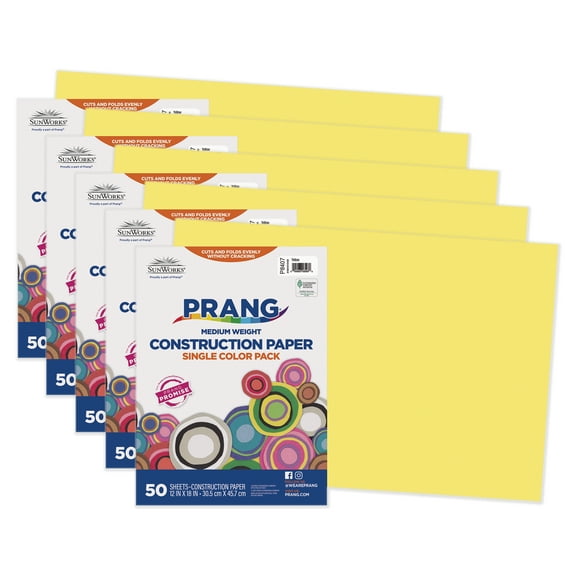 Prang Construction Paper, Medium Weight, Yellow, 12" x 18", 50 Sheets Per Pack, 5 Packs