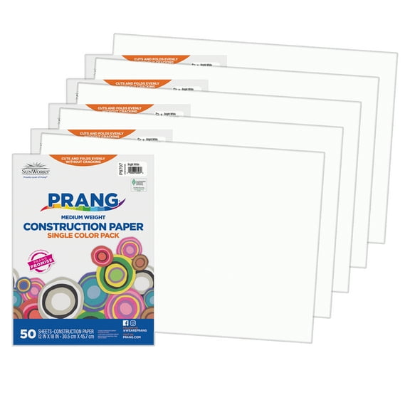 Prang Construction Paper, Medium Weight, Bright White, 12" x 18", 50 Sheets Per Pack, 5 Packs