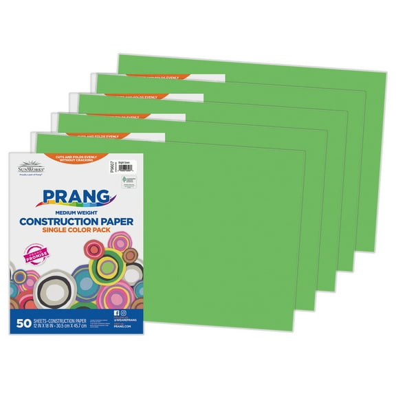 Prang Construction Paper, Medium Weight, Bright Green, 12" x 18", 50 Sheets Per Pack, 5 Packs