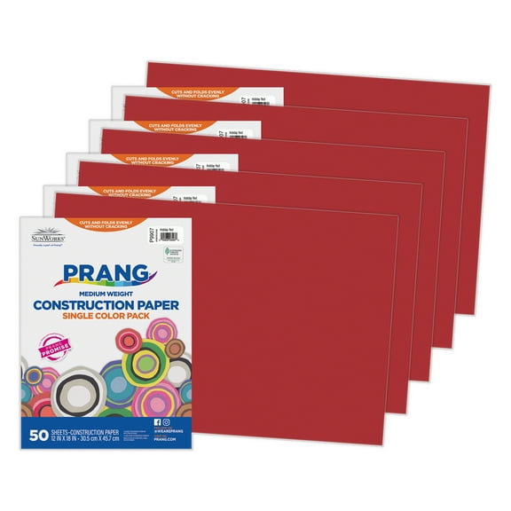 Prang Construction Paper, Medium Weight, Holiday Red, 12" x 18", 50 Sheets Per Pack, 5 Packs