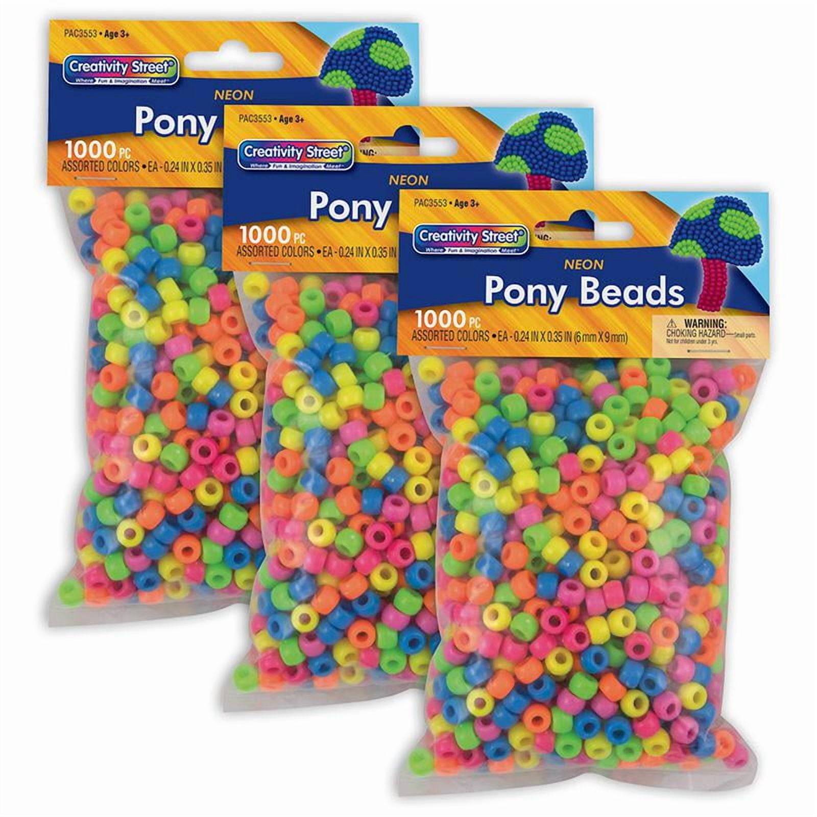 Pony Beads, Assorted Neon, 6 mm x 9 mm, 1000 Per Pack, 3 Packs