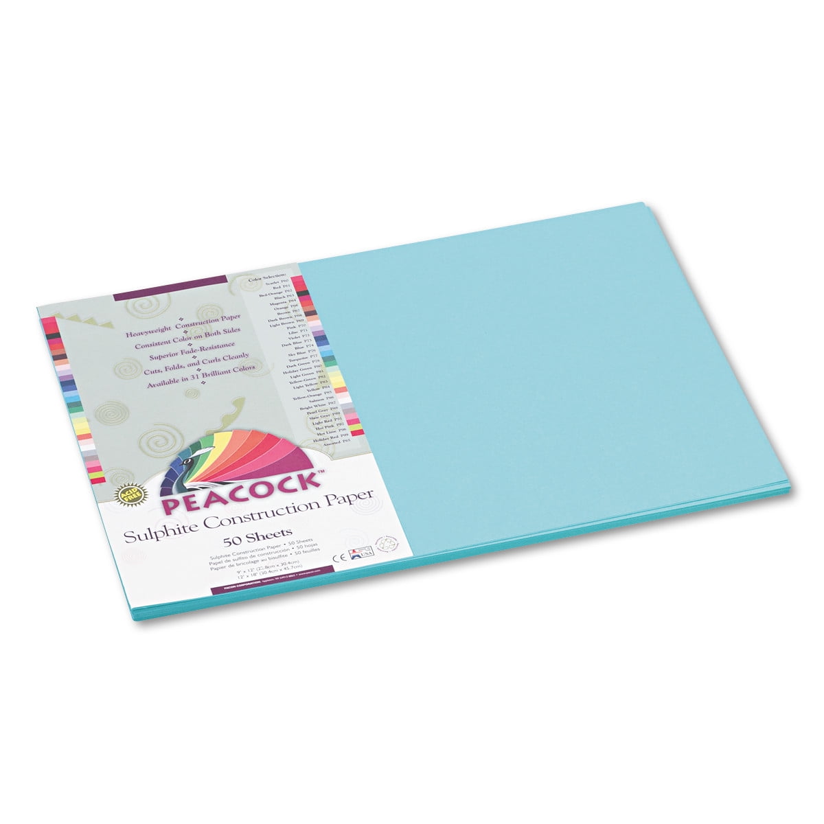 Pacon P6512 Peacock Sulphite Construction Paper, 76 lbs, 12 x 18, Assorted, 50 Sheets/Pack