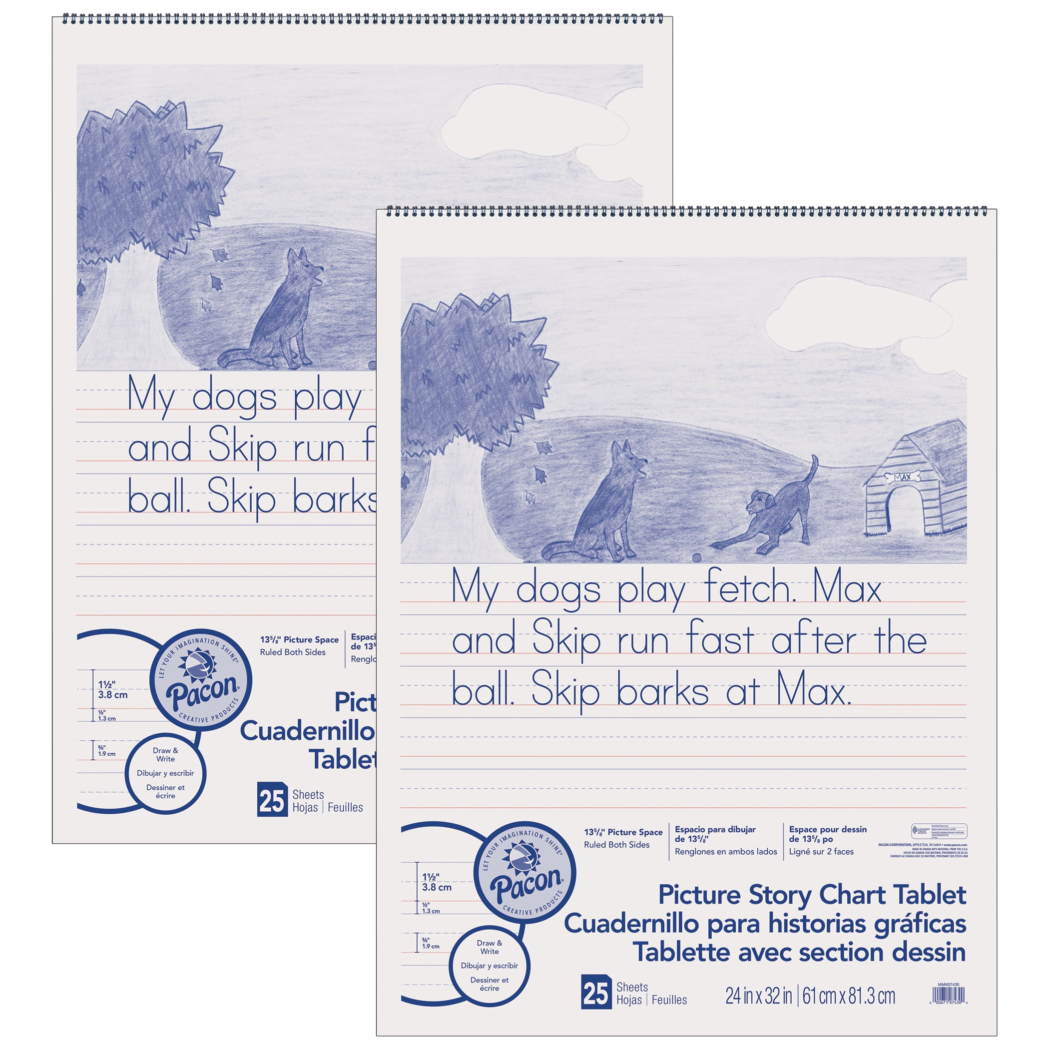 Pacon Picture Story Chart Tablet, White, Ruled Short, 1-1/2" Ruled, 24" x 32", 25 Sheets, Pack of 2