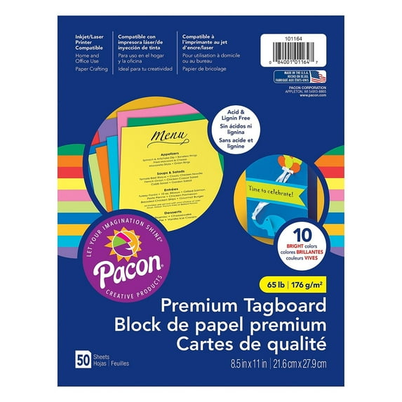 Pacon Premium Tagboard, 10 Assorted Bright Colors, 8-1/2" x 11", 50 Sheets