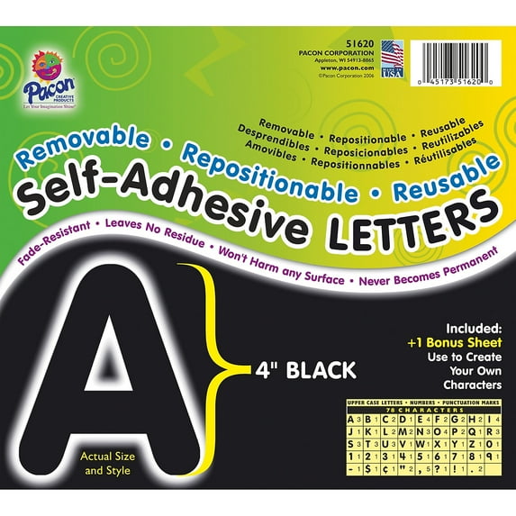 Pacon Self-Adhesive Letters, Black, Puffy Font, 4", 78 Characters