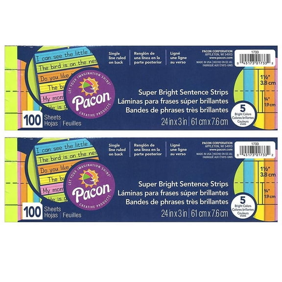 Pacon Sentence Strips, Assorted 5 Colors, Ruled 3" x 24", 100 Strips Per Pack, 2 Packs