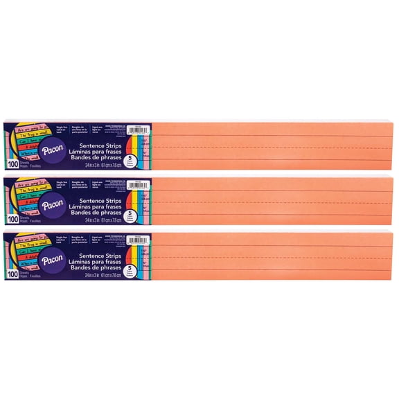 Pacon Sentence Strips, 5 1-1/2" Ruled, 3" x 24", 100 Strips Per Pack, 3 Packs