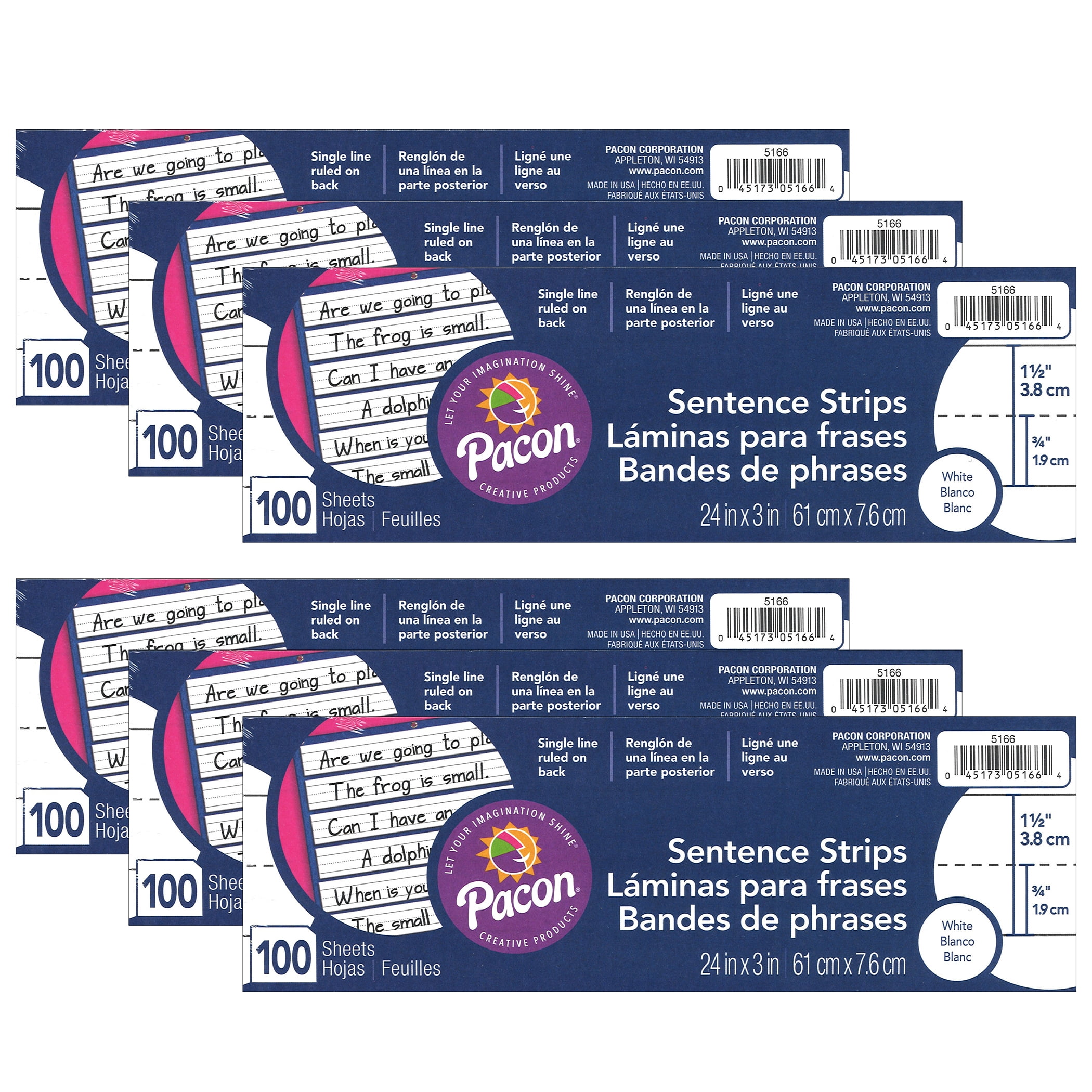 Pacon Sentence Strips, White, 1-1/2" Ruled, 3" x 24", 100 Strips Per Pack, 6 Packs