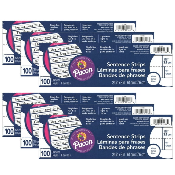 Pacon Sentence Strips, White, 1-1/2" Ruled, 3" x 24", 100 Strips Per Pack, 6 Packs