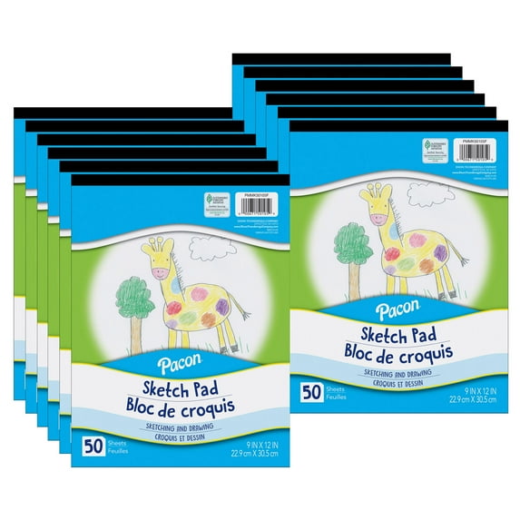 Pacon Sketch Pad, White, 9" x 12", 50 Sheets, Pack of 12