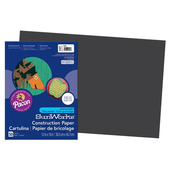 Pacon® SunWorks® Construction Paper, 12" x 18", Black - 50 Sheets per pack, 8 packs