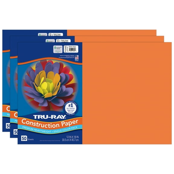 Tru-Ray Construction Paper, Heavyweight, Electric Orange, 12" x 18", 50 Sheets Per Pack, 3 Packs