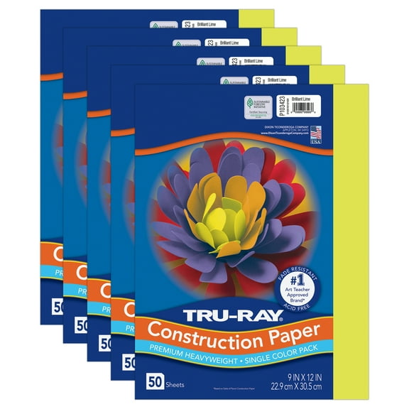 Tru-Ray Construction Paper, Heavyweight, Brilliant Lime, 9" x 12", 50 Sheets Per Pack, 5 Packs