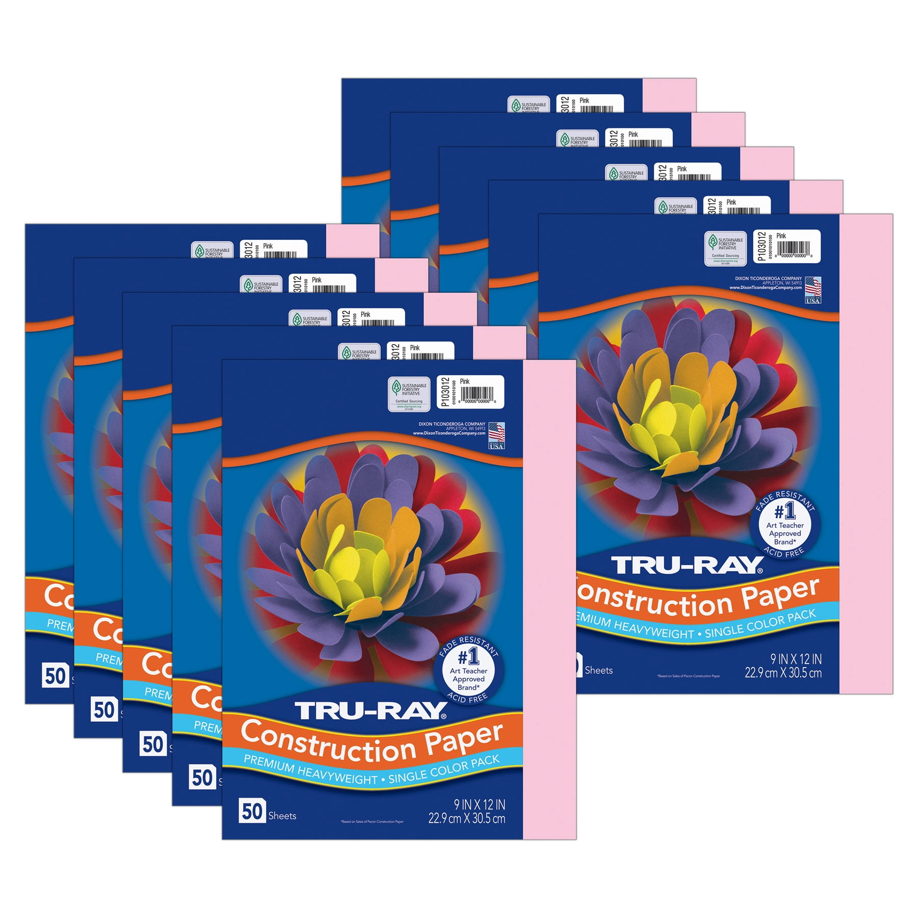Tru-Ray Construction Paper, Heavyweight, Pink, 9" x 12", 50 Sheets Per Pack, 10 Packs
